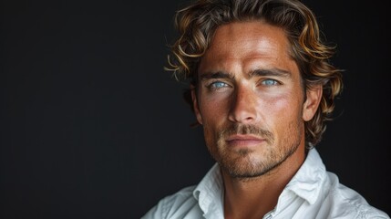 Obraz premium Portrait of a good-looking man with deep blue eyes and tousled hair, giving an intense and contemplative look, against a simple backdrop