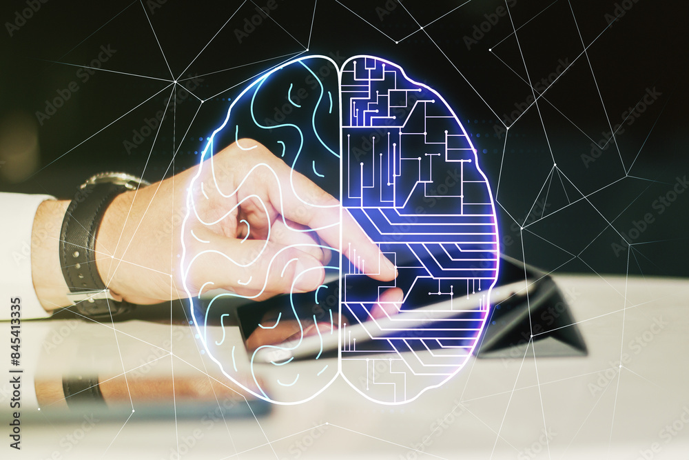 Poster double exposure of creative human brain microcircuit and hand working with a digital tablet on backg