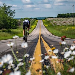 Obraz premium A solo cyclist on a scenic road, with fields of blooming wildflowers on either side