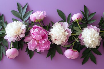 Pink and white peonies on purple background