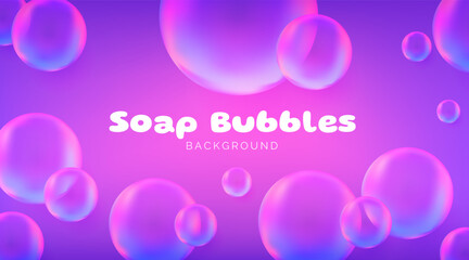 An abstract transparent soap bubbles in purple colors. The glossy spheres futuristic and iridescent effect. The design concept features a gradient background and realistic reflections. Not AI.