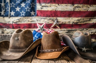 Cowboy hats with American flag backdrop