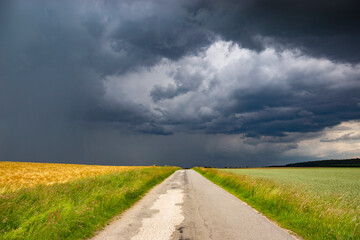Rural road and stormy sky. Early summer.