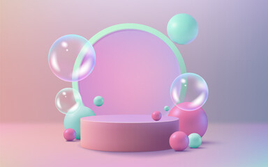 A modern and abstract podium with soap bubbles in pink and green. This vibrant design is perfect for marketing and promotion. Use it for banners, posters, and product displays. Not AI.