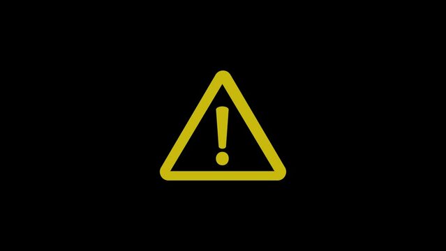 Blinking Yellow triangle Warning symbol loop animation footage on transparent background. 2d 4k video, Alert warning sign, Danger, cyber attack and computer security
