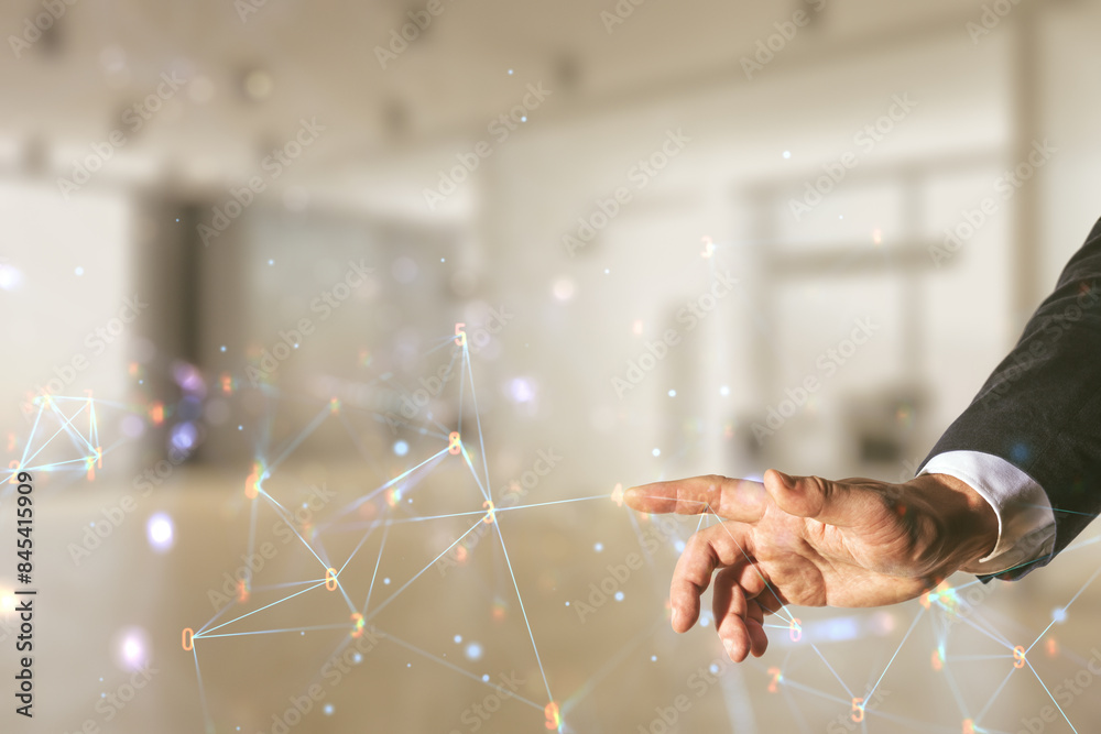 Poster man hand presses on abstract virtual wireless technology hologram on blurred office background. big 