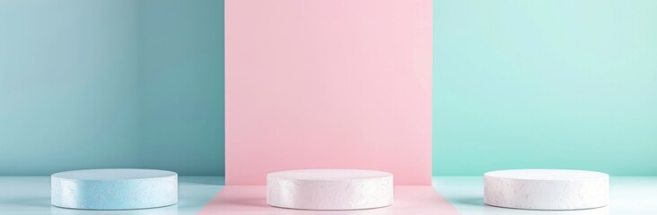 3D White Minimal Cylinder Pedestal Podiums Arranged on Pastel Background for Showcases