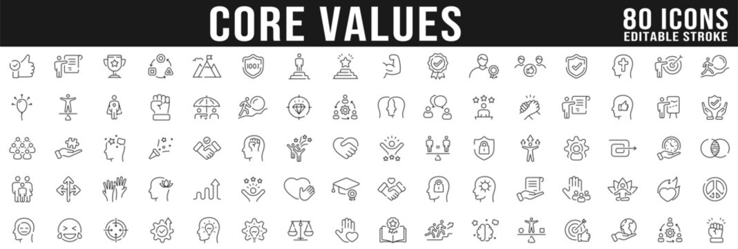 Core value line icon big set. Friendship, Growth, Happiness, Honesty, Innovation, Justice, Loyalty, Optimism, Patience, Passion, Peace etc.