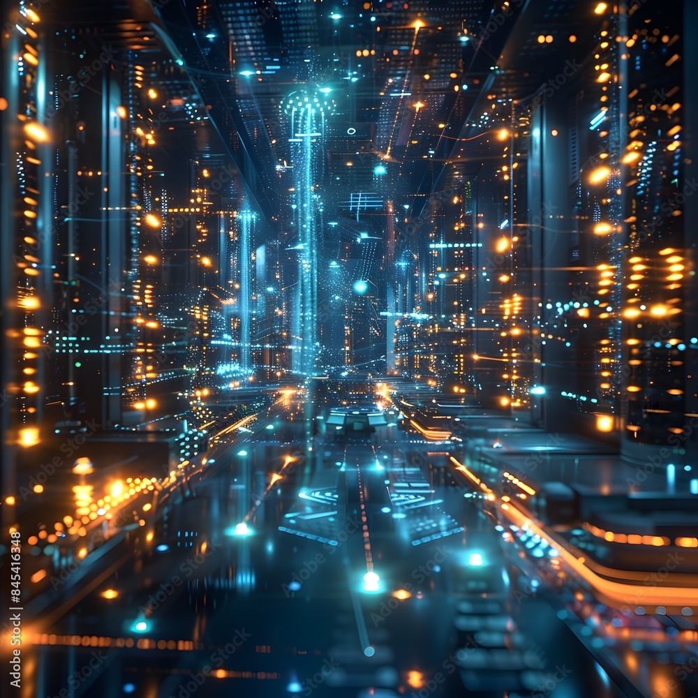 Poster quantum computer processing center with glowing nodes and streams of light in futuristic science fic