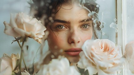 Sad woman behind foggy glass holding a bouquet of roses, grey background, slightly wilted petals, still life photo.