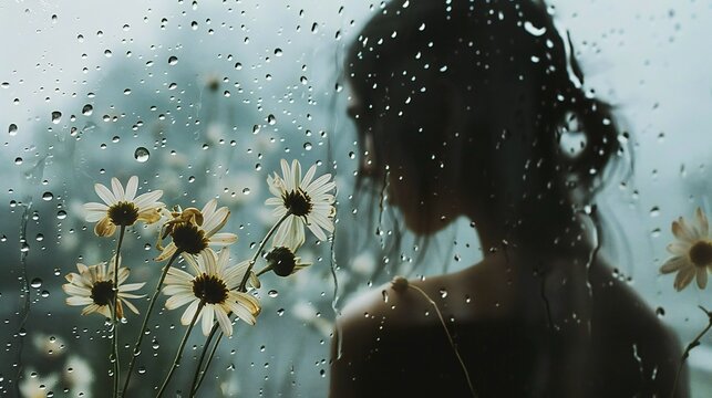 Silhouette of woman with daisies, foggy raindrop-covered glass in front, grey and dark background, fallen daisy, still life photo.