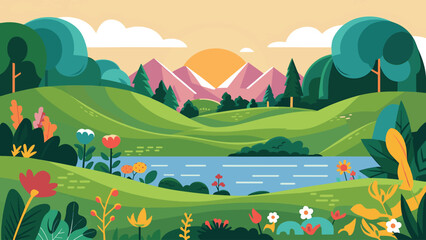 Serene Mountain Valley A Stunning Illustration of a  River, Verdant Hills, and Majestic Sun Abstract Vector Art