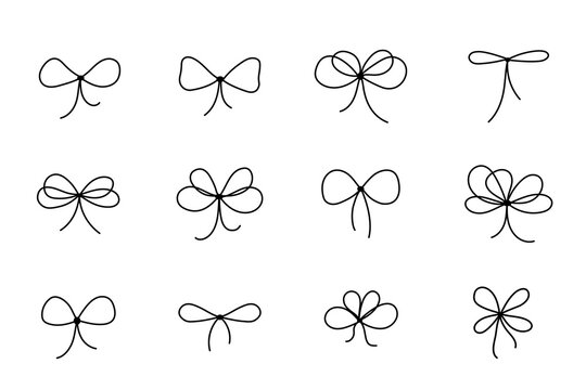 Gift bow icons set. Doodle vector line drawing. Outline minimal tie hand drawn sketch isolated on white