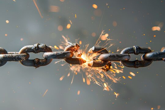 Close-up of a heavy chain with sparks flying as a link breaks. The image symbolizes breaking barriers and freedom. Perfect for conceptual projects. High-quality and eye-catching visual. Generative AI