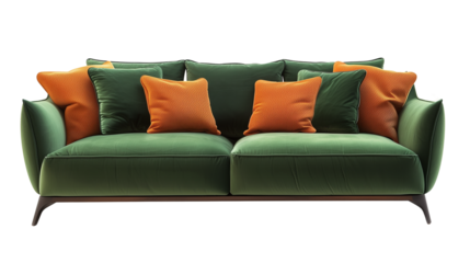 Contemporary Green Sofa with Orange Accent Pillows