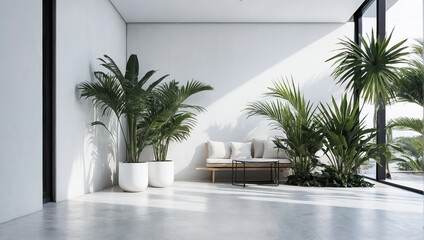 Fototapeta premium Creative layout of colorful palm leaves on a white background in the rays of the sun, with shadows. Minimal summer exotic concept with copy space