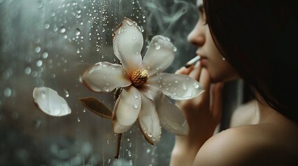 Woman with magnolias, cigarette in hand, behind foggy raindrop-covered glass, grey and dark...