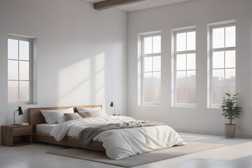 Minimalist Bedroom Interior: White Bed in Bright Loft Space
