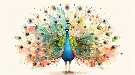 A watercolor illustration of a peacock with its tail feathers spread.