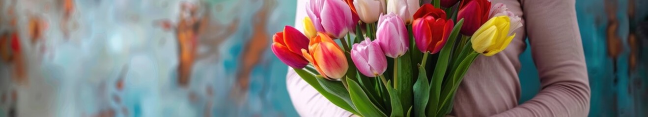 A woman tender grasp cradles a vivid array of tulips