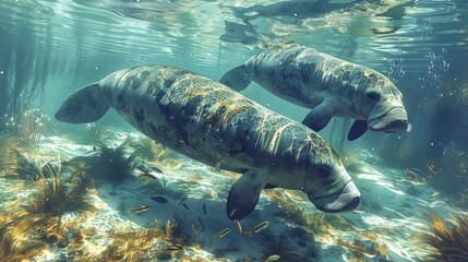 Fototapeta premium Dugong swimming under sea water