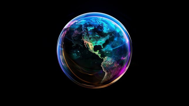 A stylized glowing earth with glowing blue lines surrounding it against a black background.