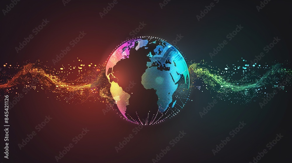 Poster a digital rendering of a globe made of data and code, with a background of glowing orange lights.
