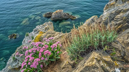 Floral blooms by the seaside cliff