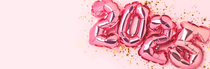2025 New Year banner with copy space. Pink balloons and shiny stars confetti.