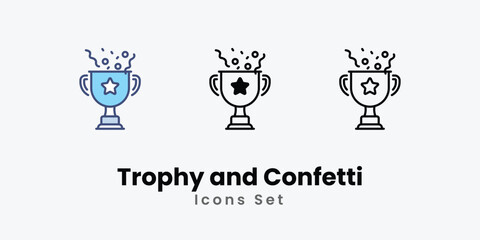 Trophy and Confetti icons vector set stock illustration.