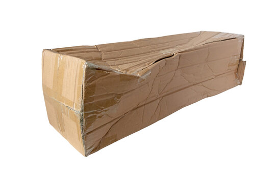 Damaged brown cardboard mailing box isolated transparent png.