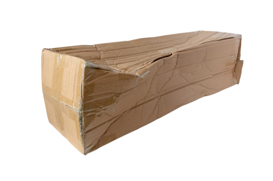 Damaged brown cardboard mailing box isolated transparent png.