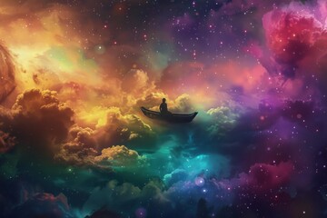Floating man in a boat among colorful clouds and stars surreal sky travel adventure concept