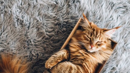 Fototapeta premium a fluffy cat nestled in a cardboard box atop a gray carpet, observed from above, leaving room for accompanying text.