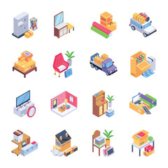 Collection of Packing Up Isometric Style Icons 

