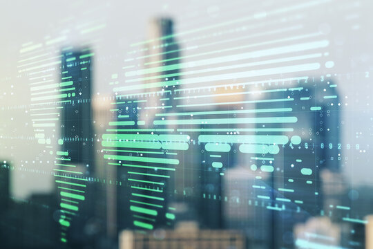 Abstract creative digital world map on blurry skyscrapers background, globalization concept. Multiexposure