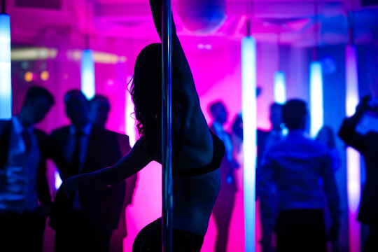 Attractive brunette female posing next to a stripper pole dancing in night club strip club setting
