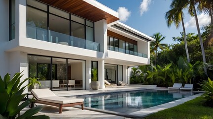 A modern villa exterior with a sleek and contemporary design with clean lines and large windows in Florida. Tropical landscaping with palm trees, colorful flowers, and lawns, 3D render