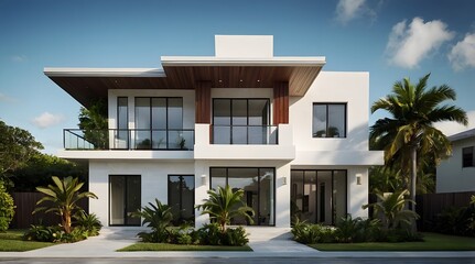 Fototapeta premium A modern villa exterior with a sleek and contemporary design with clean lines and large windows in Florida. Tropical landscaping with palm trees, colorful flowers, and lawns, 3D render