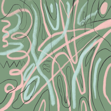 Abstract green and pink squiggles and shapes pattern