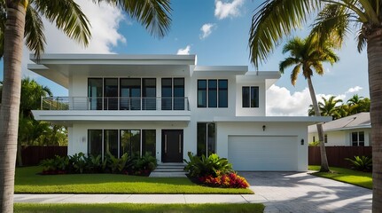 A modern villa exterior with a sleek and contemporary design with clean lines and large windows in Florida. Tropical landscaping with palm trees, colorful flowers, and lawns, 3D render