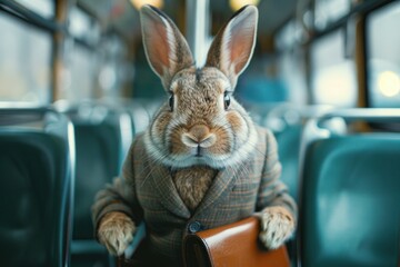 A rabbit is dressed in a suit and tie and holding a briefcase