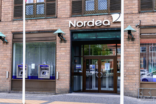 Modern building of the Danish bank Nordea. Bornholm, Denmark- May 25