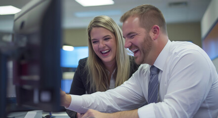Group of colleagues engaged in collaborative work on computers in a modern office space