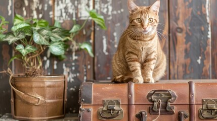 a cute cat perched atop a suitcase, with a travel carrier in front, set against a light background.