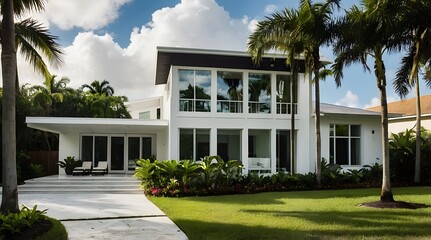 A modern villa exterior with a sleek and contemporary design with clean lines and large windows in Florida. Tropical landscaping with palm trees, colorful flowers, and lawns, 3D render