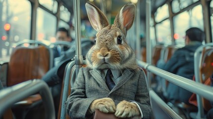 A rabbit is dressed in a suit and tie and sitting on a bus