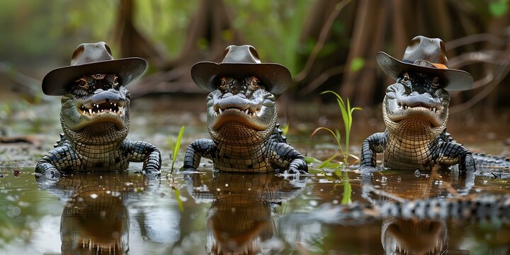 Giggling gators in cowboy hats struggle to line dance in slippery swamp. Concept Gators, Cowboy Hats, Line Dance, Slippery Swamp, Humorous Predicament
