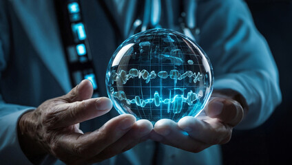 Medicine doctor studying capsule pill effects on hologram interface, advancing digital health and medical diagnostics