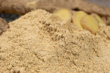 Ground ginger as a fine dry powder, macro
